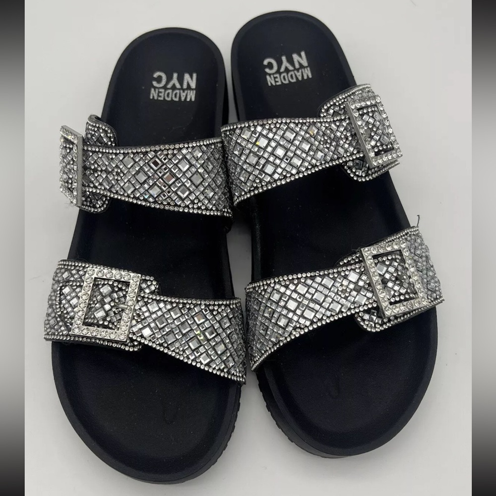 Madden NYC 11 Black Silver Bling Rhinestone Buckle Slip On Slides Sandals Shoes - Picture 3 of 9